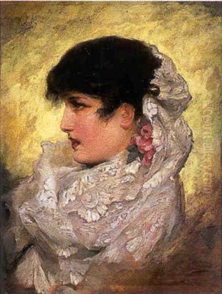 Portrait De Profil De Jeune Espagnole A La Mantille Blanche Oil Painting by Francisco Inglada