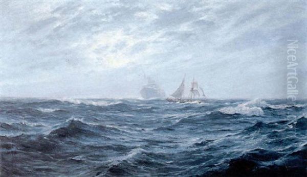 Sailing Ship At Sea With Ghost Freighter Oil Painting by William Ayerst Ingram