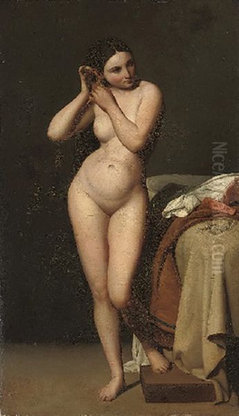 A Female Nude Removing A Pearl Earring From Her Ear, Standing By A Bed Oil Painting by Jean-Auguste-Dominique Ingres