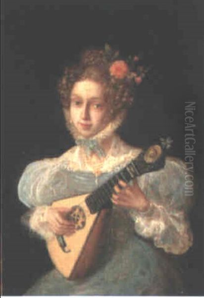 Portrait Of A Lady, Small Half Length, In A Blue Dress,     Playing A Lute Oil Painting by Jean-Auguste-Dominique Ingres