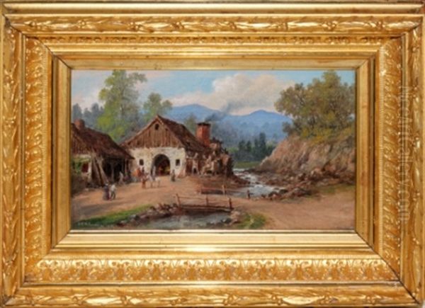 Village Scene Oil Painting by John O'Brien Inman