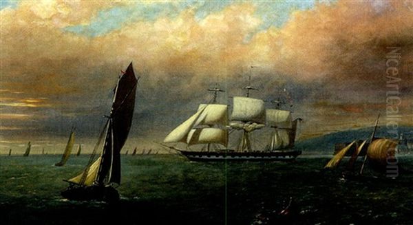 American Frigate In A Harbor Oil Painting by John O'Brien Inman