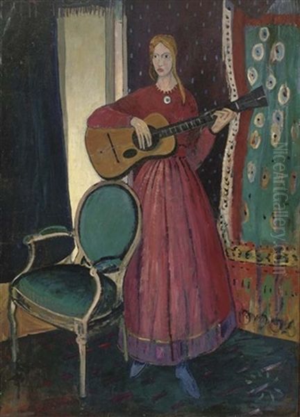 Girl Playing A Guitar Oil Painting by James Dickson Innes