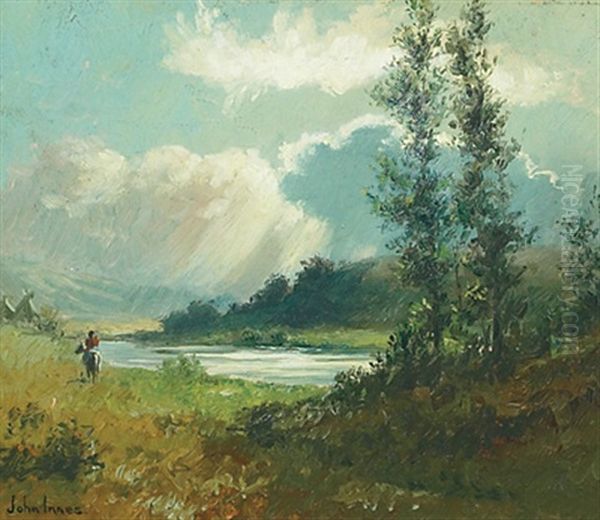 Indian On Horseback Approaching An Encampment Beside A Stream Oil Painting by John Innes