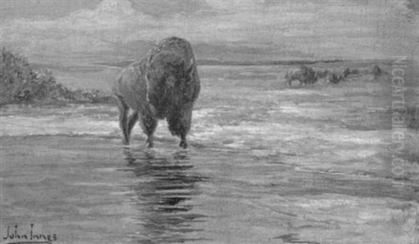 Plains Landscape With Bison In Water Oil Painting by John Innes