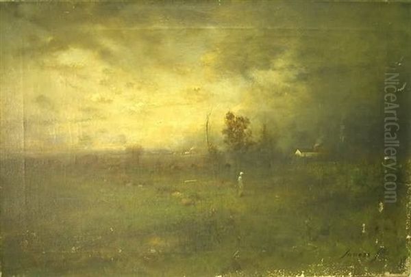 Landscape With Central Figure In Field, Buildings In Distance Oil Painting by George Inness Jr.