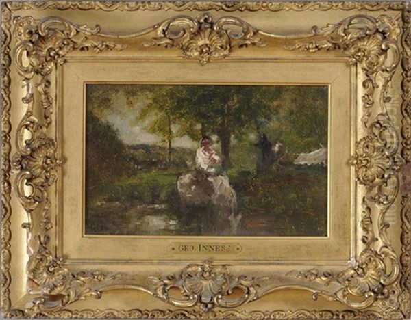 Fording A Stream On Horseback Oil Painting by George Inness