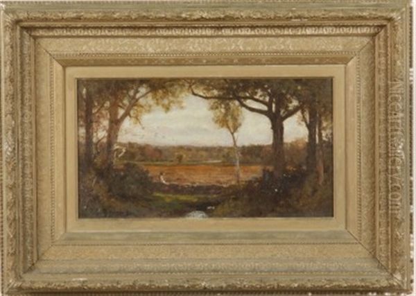 Landscape With Figure Sitting On Stone Wall Oil Painting by George Inness