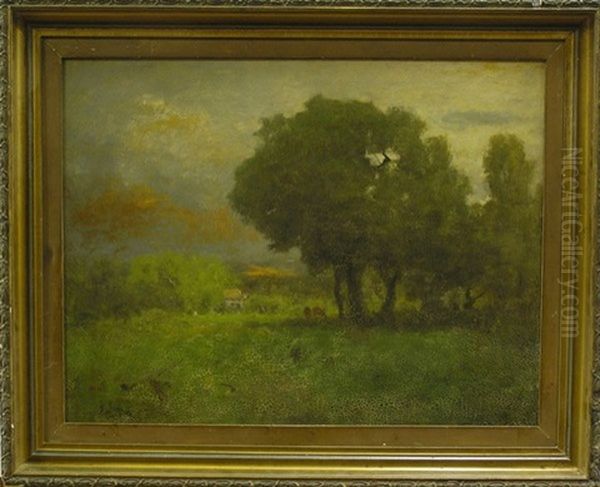 Landscape With Cows Resting Beside A Tree Oil Painting by George Inness