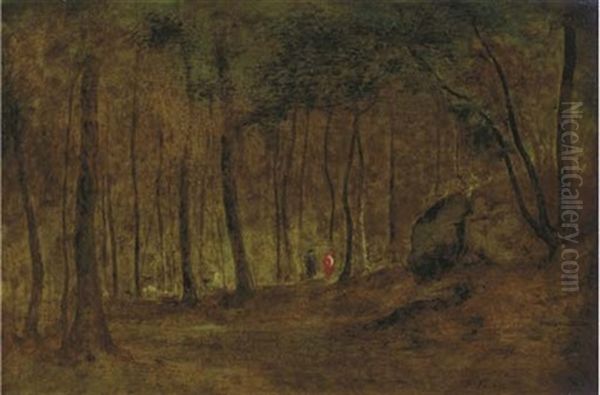 Figures In A Forest Interior Oil Painting by George Inness