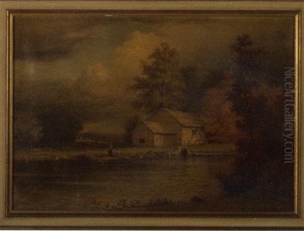 Landscape With Barn And Boy Fishing In A Stream by Albert Babb Insley