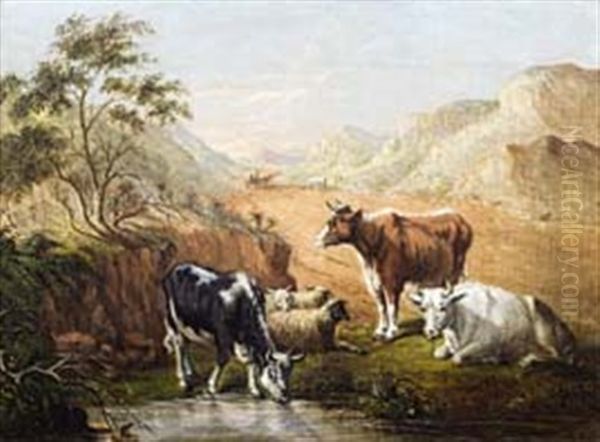 Cattle, Sheep, Ox-wagon At Kariega River Oil Painting by Frederick Timpson I'Ons