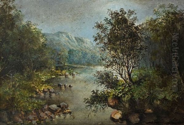 River Landscape With Mountains In The Background Oil Painting by Frederick Timpson I'Ons