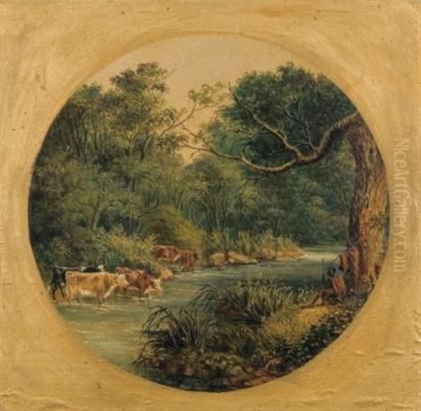 Cattle And Herders On The Riverbank Oil Painting by Frederick Timpson I'Ons