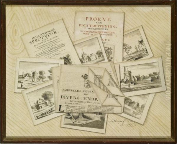 Trompe L'oeil Of Dutch Topographical Prints And Other Printed Material Arranged On A Pine Plank Oil Painting by Barthelemey De La Rocque