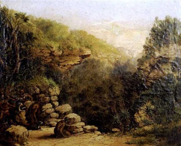 Xhosa Hunters Pursuing A Leopard Oil Painting by Frederick Timpson I'Ons