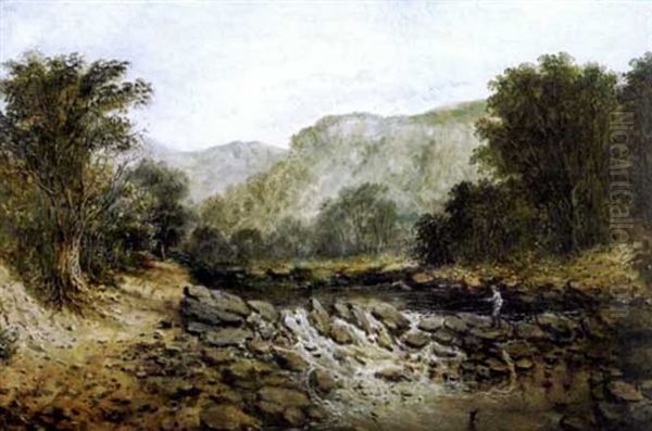 A Fisherman In An Extensive Landscape Oil Painting by Frederick Timpson I'Ons