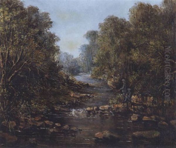 Two Figures Fishing By A River Oil Painting by Frederick Timpson I'Ons