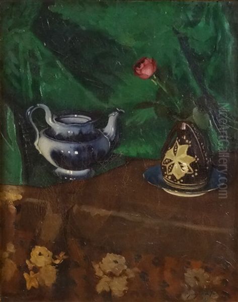 Still Life With Tea-pot And Vase With Red Flower Oil Painting by Petre Iorgulescu Yor