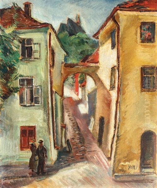 Street From Sighisoara Oil Painting by Petre Iorgulescu Yor