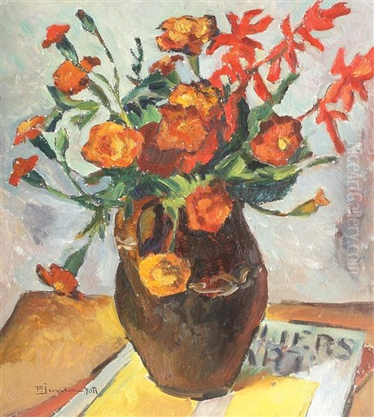 Pot With Marigolds And Sage Oil Painting by Petre Iorgulescu Yor