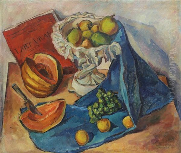 Still Life With Blue Towel Oil Painting by Petre Iorgulescu Yor