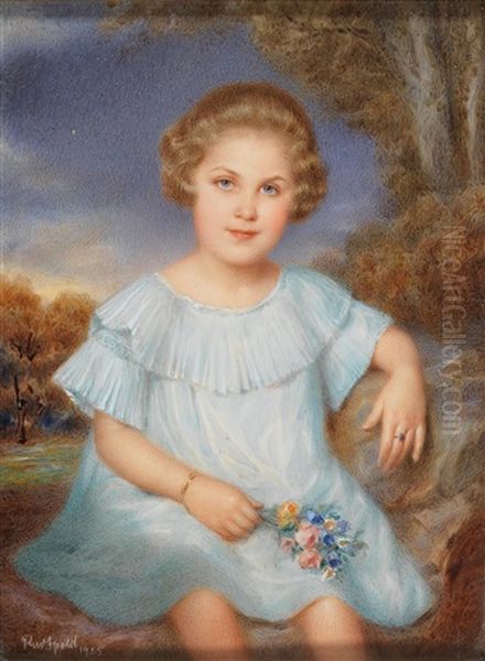 A Portrait Of A Blond Girl In A Light Blue Dress Oil Painting by Rudolf Ipold