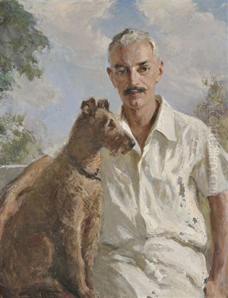 Portrait Of Milton H. Bird With His Champion Irish Terrier Kelvin Colleen Oil Painting by Ernest Ludwig Ipsen