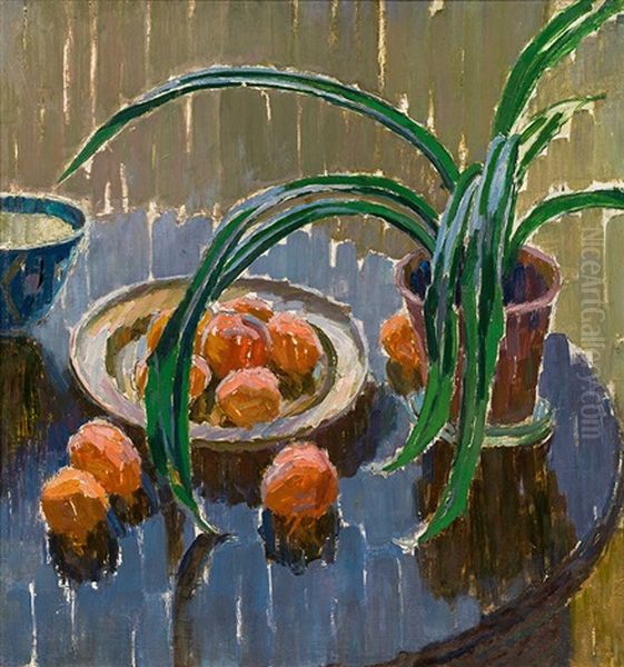 Still Life With Flower Pot Oil Painting by Ella Iranyi