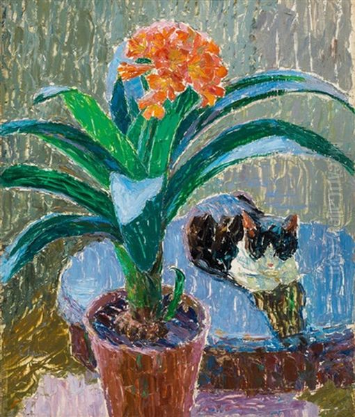 Still Life With Plant And Cat Oil Painting by Ella Iranyi