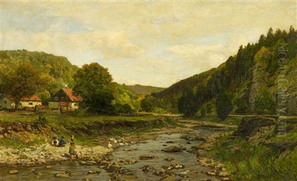 Bewaldete Flusslandschaft, Kinder Am Ufer Oil Painting by Carl Irmer