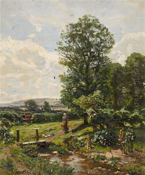 Summer Landscape With A Stream And A Young Maid Oil Painting by Carl Irmer