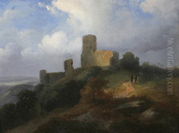 Landschaft Mit Burgruine Und Zwei Wanderern Oil Painting by Carl Irmer