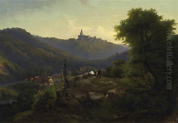 Schloss Burg An Der Wupper. Blick Von Einer Anhohe Auf Die Festung In Der Abendsonne Oil Painting by Carl Irmer