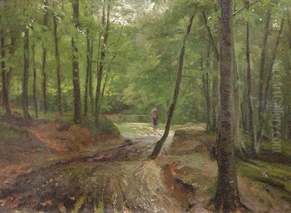 Reisigsammlerin Auf Einem Waldweg Oil Painting by Carl Irmer