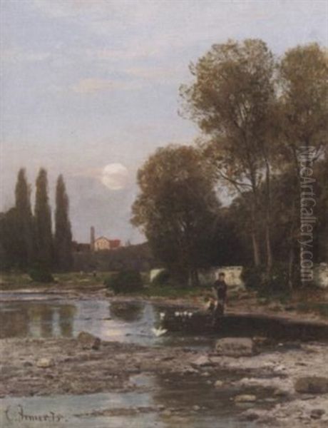 Fluslandschaft Bei Vollmond. Am Ufer Ein Geschwisterpaar. Enten Futternd Oil Painting by Carl Irmer