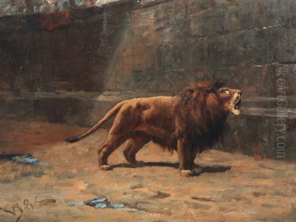 A Roaring Lion In Colosseum Oil Painting by Valdemar Henrik Nicolaj Irminger