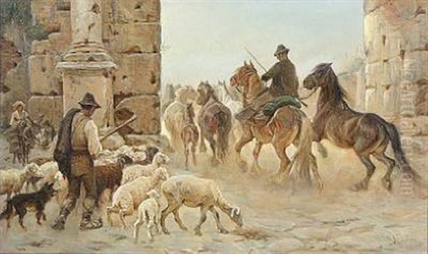 A Campagnol With His Flock Of Horses And A Shepherd With His Flock Of Sheep On Their Way Out Of A Roman City Gate Oil Painting by Valdemar Henrik Nicolaj Irminger