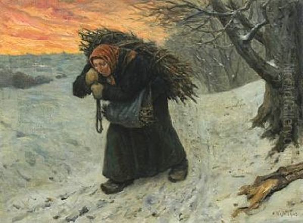 A Woman Gathering Wood In Morning Light Oil Painting by Valdemar Henrik Nicolaj Irminger