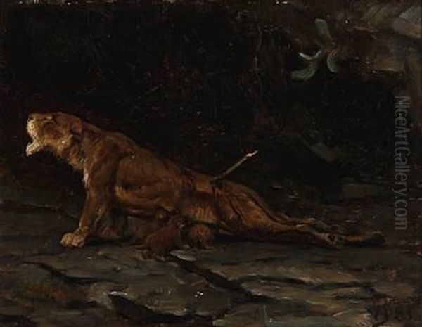 En Saaret Lovinde Med Unger (wounded Lioness With Cubs) Oil Painting by Valdemar Henrik Nicolaj Irminger