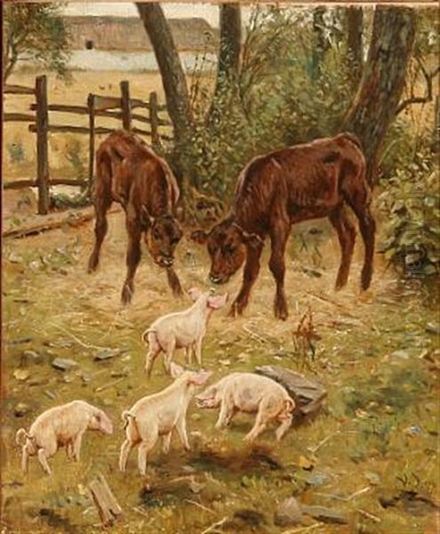 Calves And Piglets Enjoying The Danish Summer Oil Painting by Valdemar Henrik Nicolaj Irminger