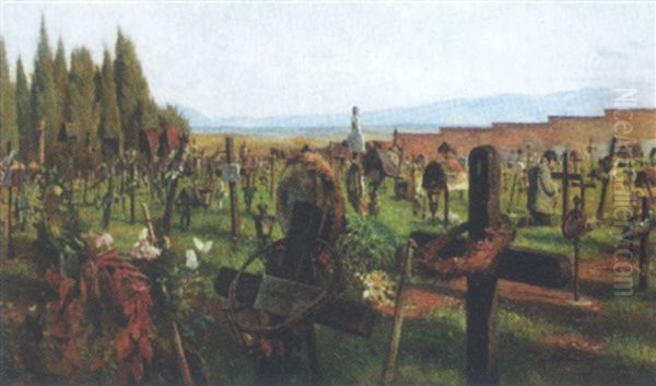 Allehelgensdag Med Enkemand Pa En Katolsk Fattigkirkegard I Rom Oil Painting by Valdemar Henrik Nicolaj Irminger