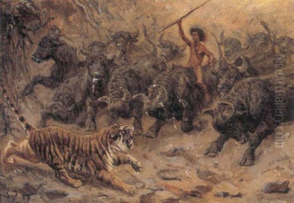 Motiv Fra Kiplings: Junglebogen, Shere Khans Endeligt Oil Painting by Valdemar Henrik Nicolaj Irminger