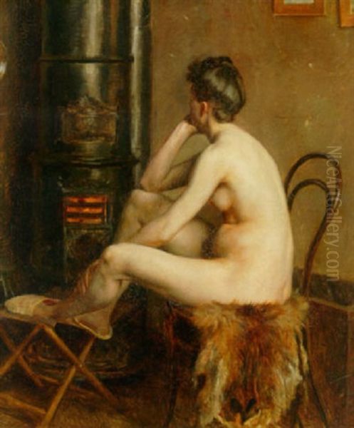 Modellen Varmer Sig Oil Painting by Valdemar Henrik Nicolaj Irminger