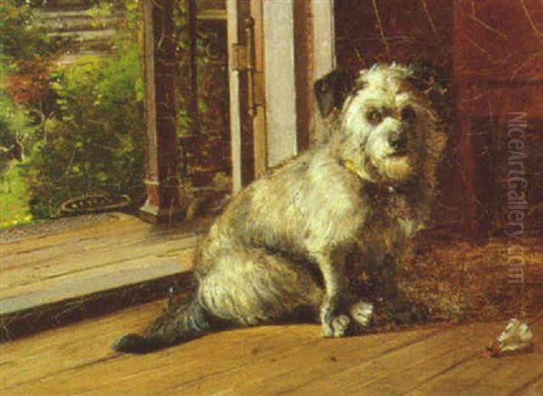 Hund I En Dorabning, I Baggrunden Haveparti Med Aesel Oil Painting by Valdemar Henrik Nicolaj Irminger