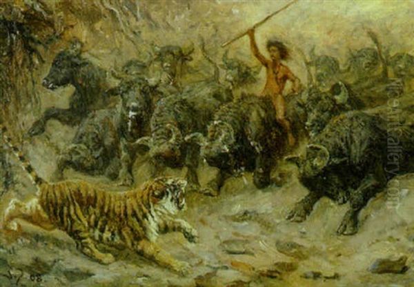 Motiv Fra R. Kipling - Junglebogen, Shere Khans Endeligt Oil Painting by Valdemar Henrik Nicolaj Irminger