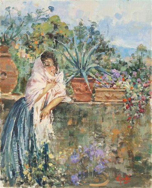 Maiden In The Garden Oil Painting by Vincenzo Irolli