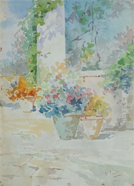 Terrazza Con Vasi Di Fiori Oil Painting by Vincenzo Irolli