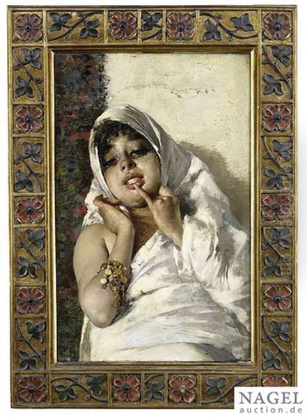 Oriental Girl In Front Of A Wall Oil Painting by Vincenzo Irolli