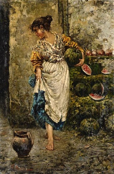 A Young Woman With Watermelons Oil Painting by Vincenzo Irolli